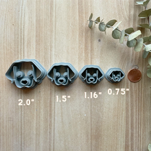 Load image into Gallery viewer, Polymer Clay Dog Face Cutters, Lab, 4 different sizes, labeled 2" 1.5" 1.16" 0.75" in width